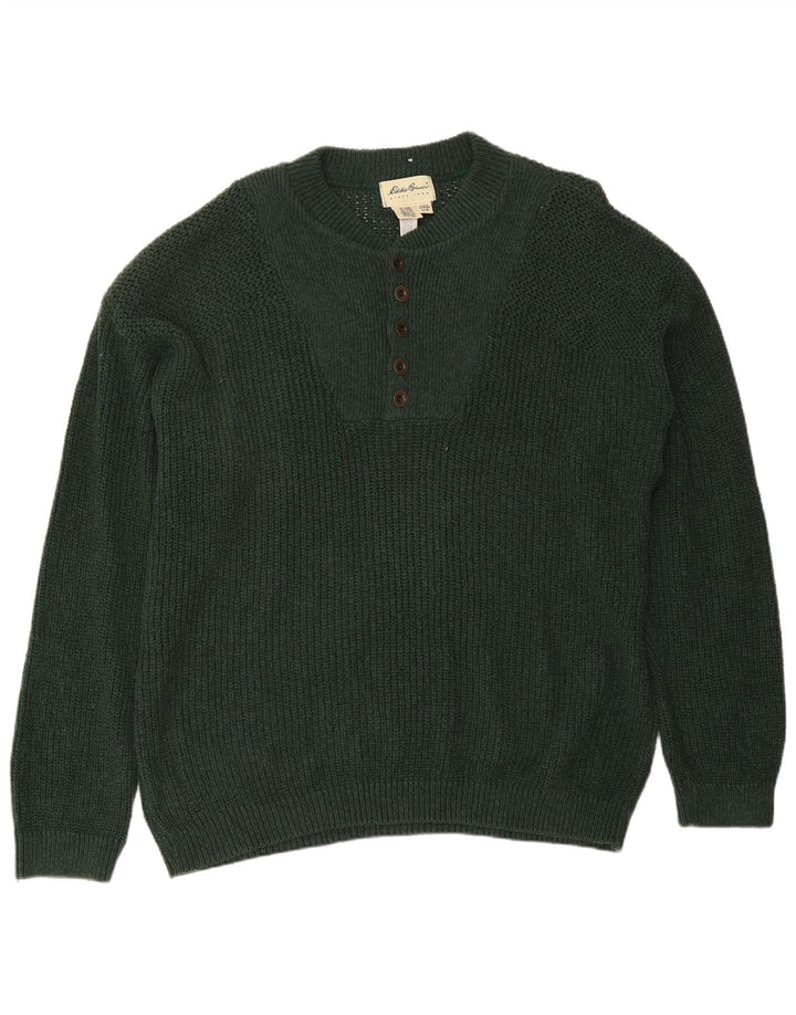 Suéter masculino Eddie Bauer com gola com botão e algodão verde grande