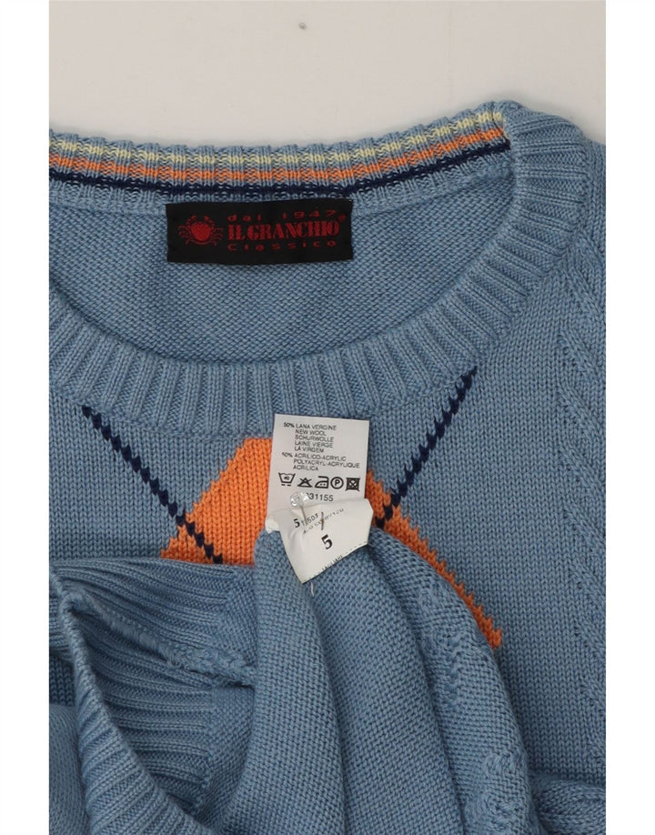 Il Granchio Suéter masculino com gola redonda, suéter médio azul argyle/lã diamante