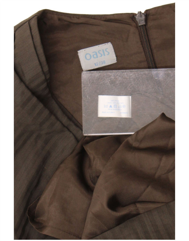 Vestido feminino Oasis sem mangas com bainha UK 12 lã listrada marrom médio
