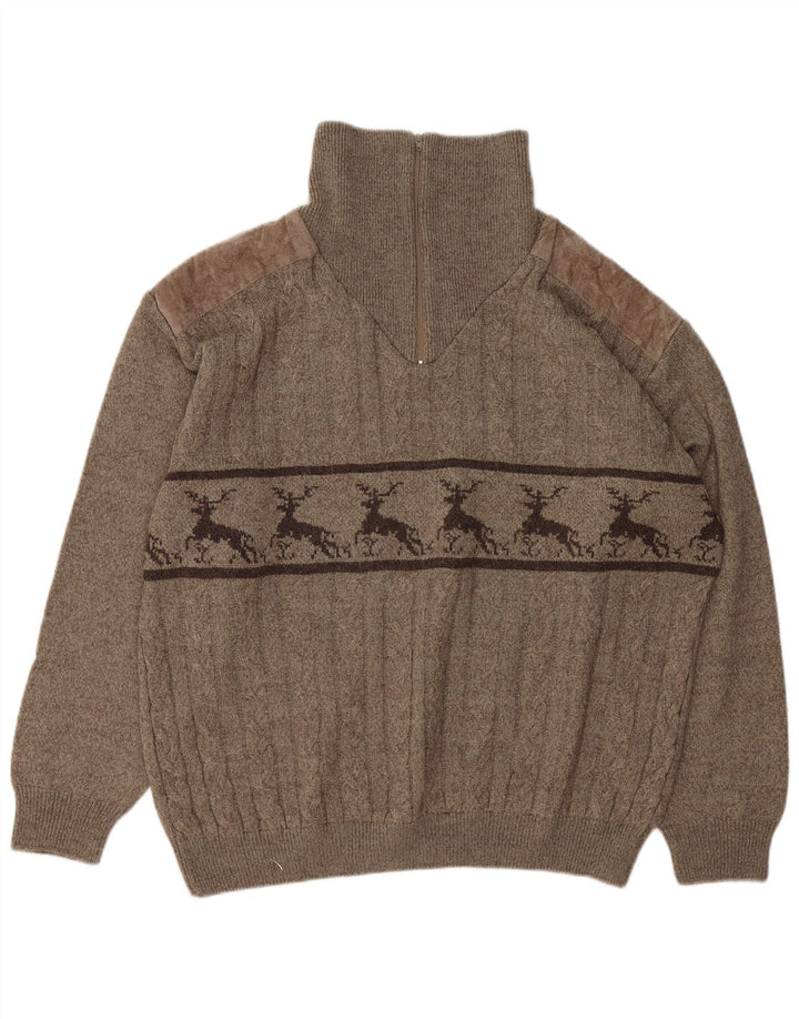 Suéter masculino VINTAGE com zíper e gola XL marrom Fair Isle