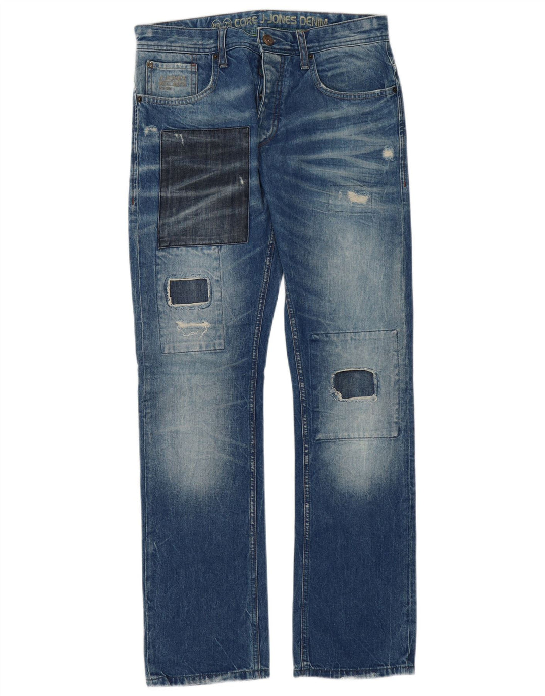 Jack & Jones Calça jeans reta masculina desgastada W32 L34 azul patchwork algodão
