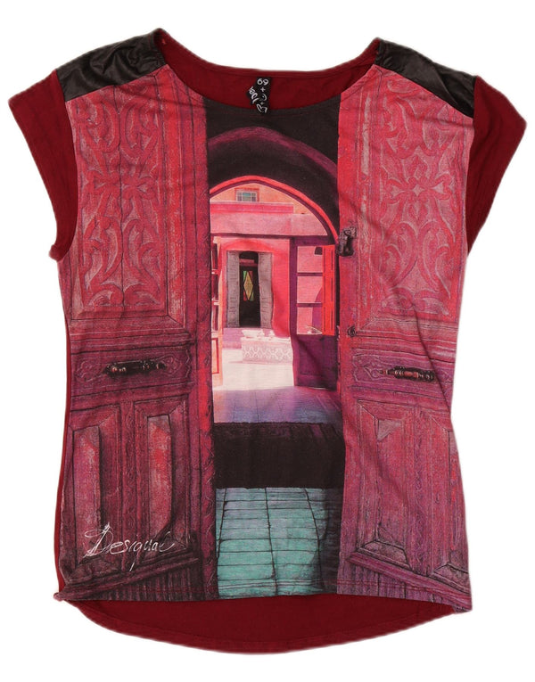 Camiseta feminina DESIGUAL com estampa gráfica UK 10 pequena viscose borgonha