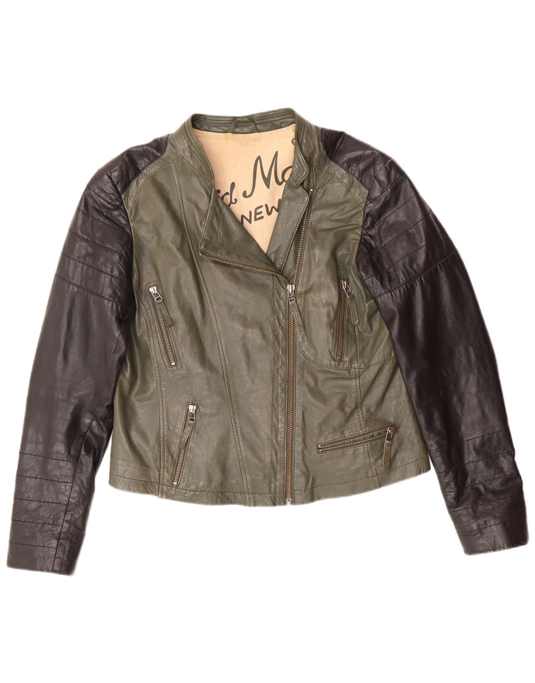 Jaqueta feminina Crop Biker DAVID MOORE Reino Unido 16 grande couro verde colorblock