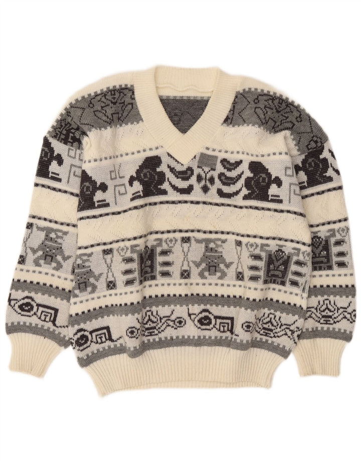 Suéter masculino vintage com decote em V grande geométrico branco