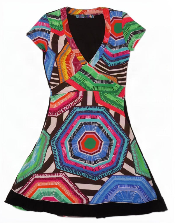 Desigual Vestido feminino gráfico linha A UK 6 XS algodão geométrico multicolorido