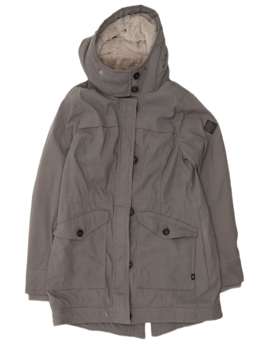 Jaqueta feminina Sherpa Parka com capuz Hollister UK 14 poliéster cinza médio