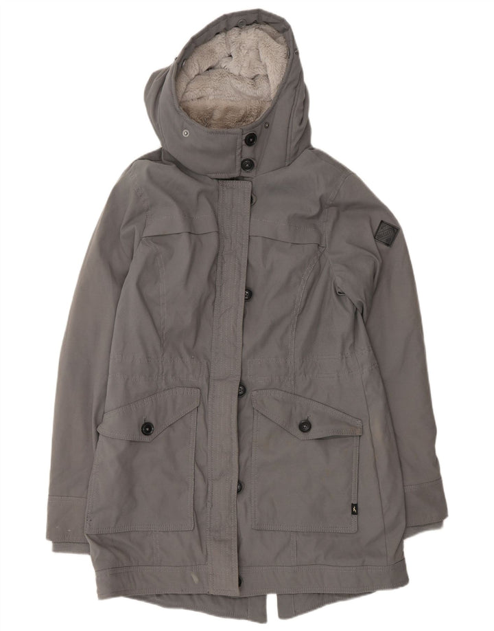 Jaqueta feminina Sherpa Parka com capuz Hollister UK 14 poliéster cinza médio