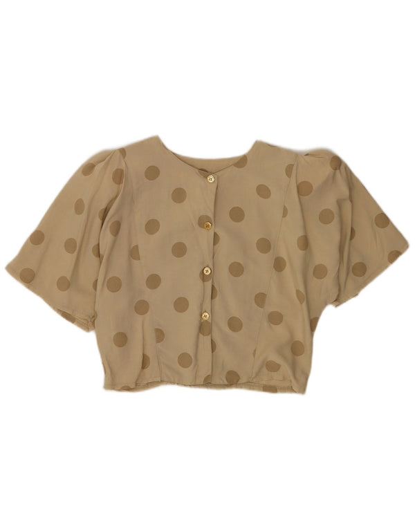 Blusa feminina vintage de manga curta com bolinhas bege média UK 12