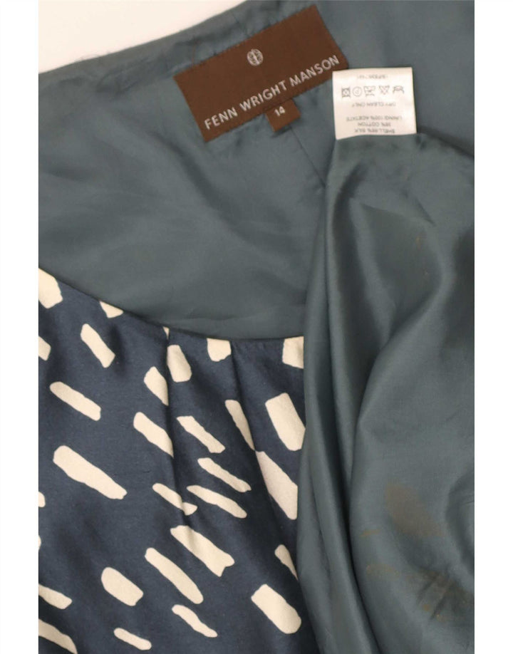 Vestido bainha feminino Fenn Wright Manson Reino Unido 14 seda geométrica azul médio
