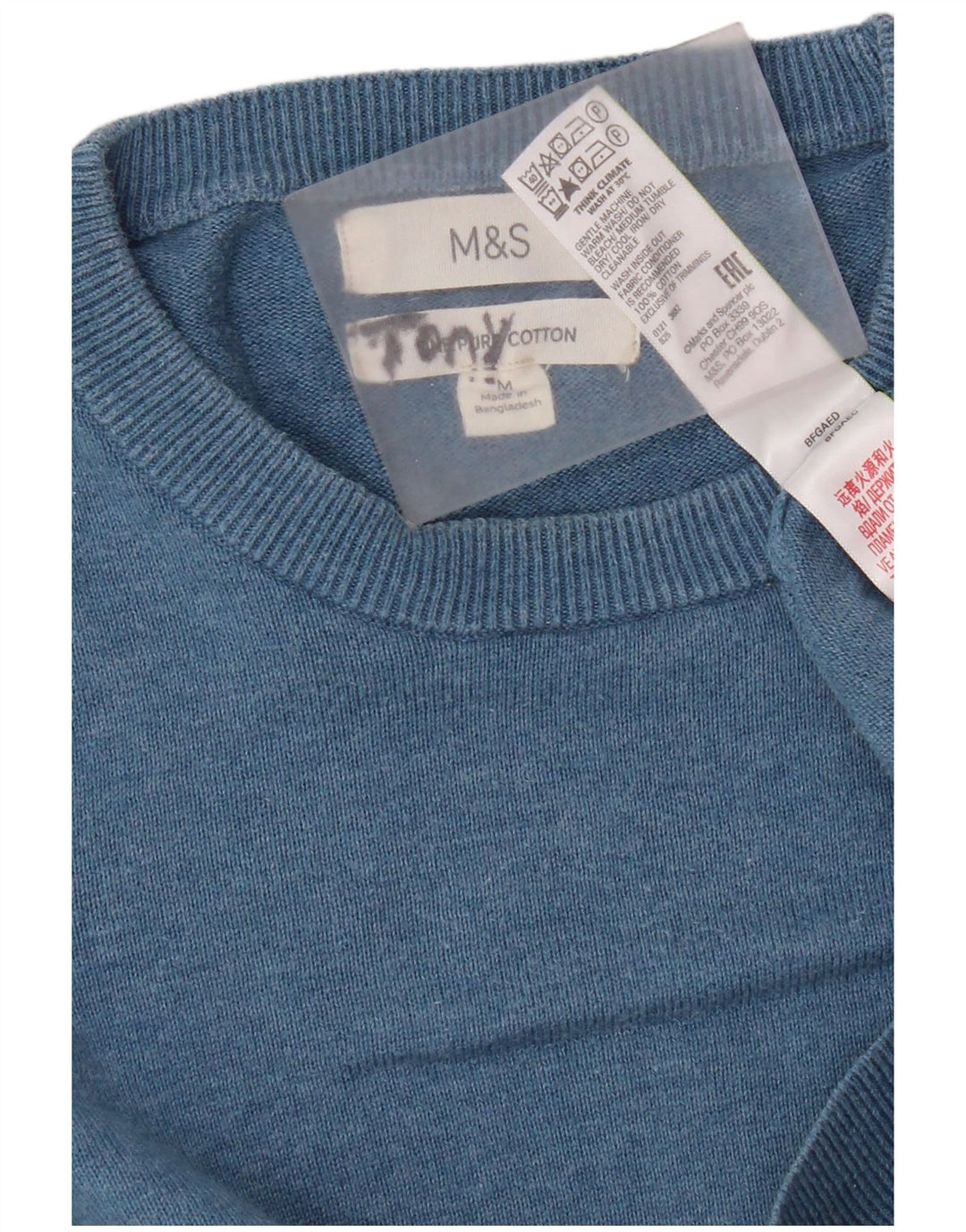 Suéter masculino Marks & Spencer com gola redonda, algodão azul médio