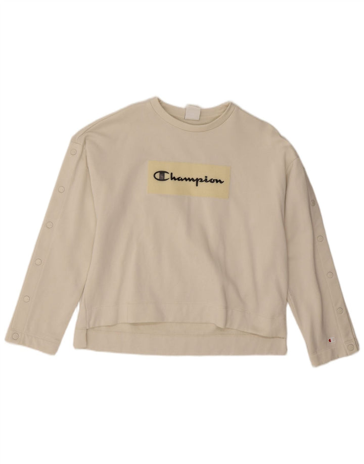 Champion feminino gráfico oversized moletom jumper UK 10 pequeno branco