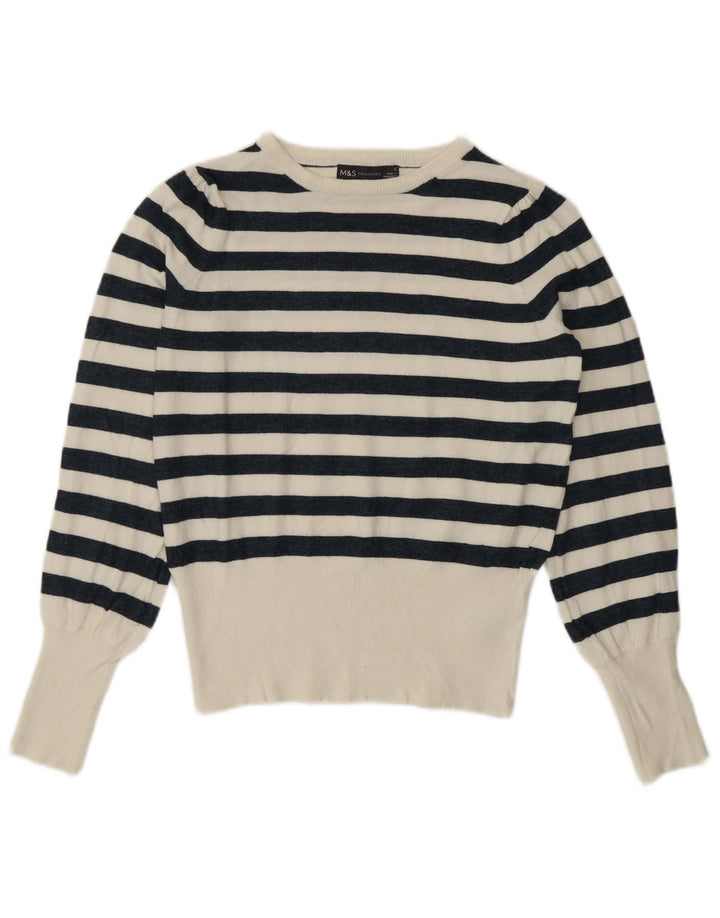 Suéter feminino Marks & Spencer com gola redonda Reino Unido 8 pequeno branco náutico