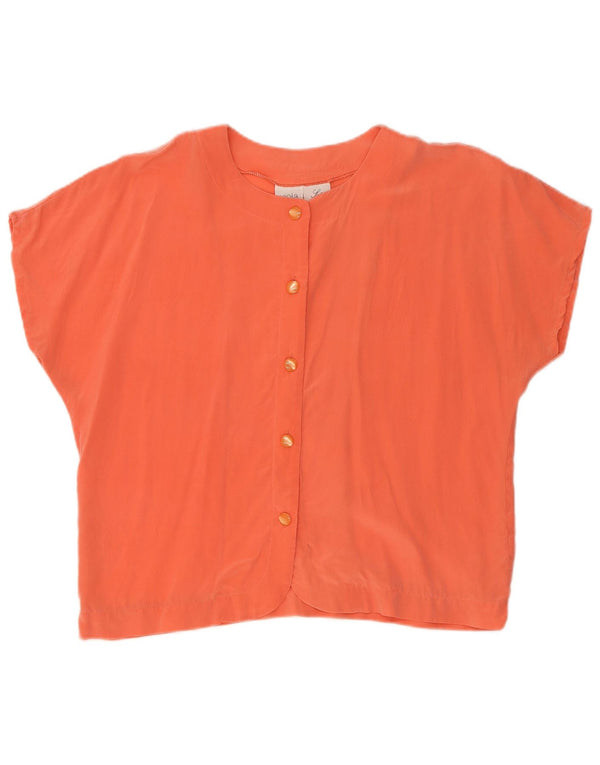 Blusa feminina vintage de manga curta Reino Unido 14 seda laranja grande