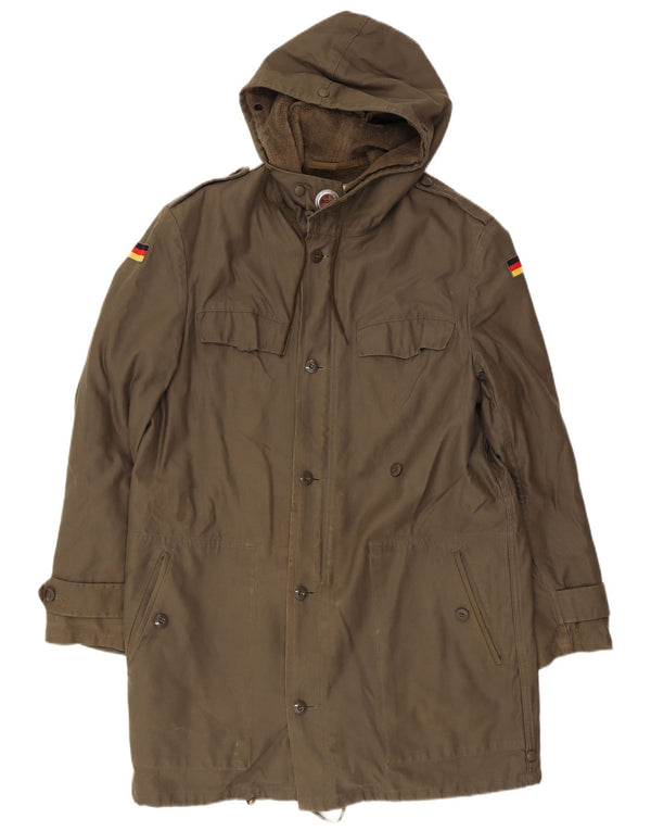 Jaqueta masculina vintage militar com capuz Sherpa Parka Reino Unido 38 cáqui médio