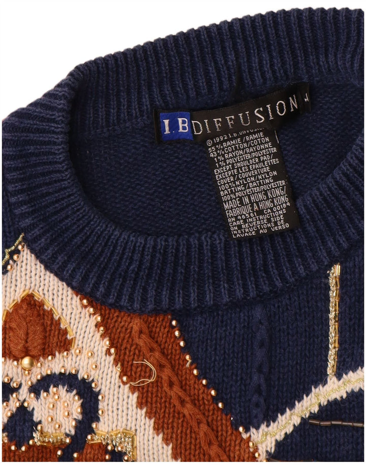Suéter feminino I.B Diffusion com gola redonda, Reino Unido 16, grande, azul marinho, paisley