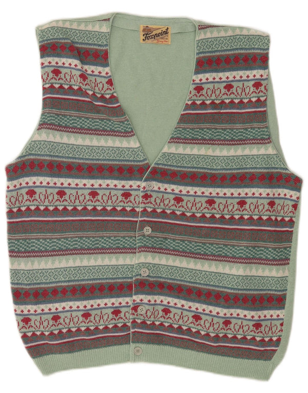 Suéter cardigã masculino vintage sem mangas médio multicolorido Fair Isle