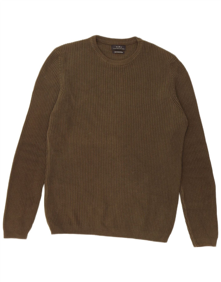 Zara Suéter masculino com gola redonda e algodão cáqui médio