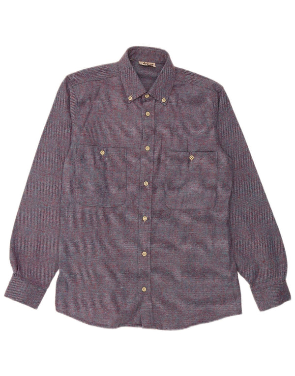 Camisa de flanela masculina vintage tamanho 37 14 1/2 poliéster listrado roxo pequeno