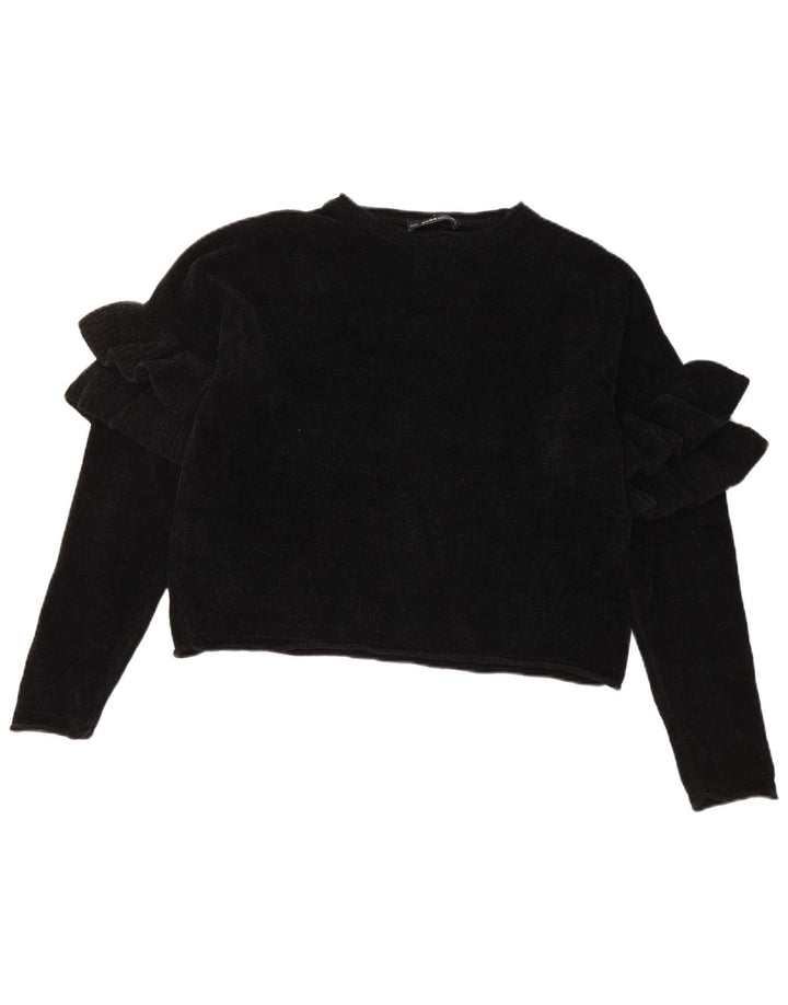 Zara Suéter feminino cropped oversized com gola redonda Reino Unido 10 pequeno preto