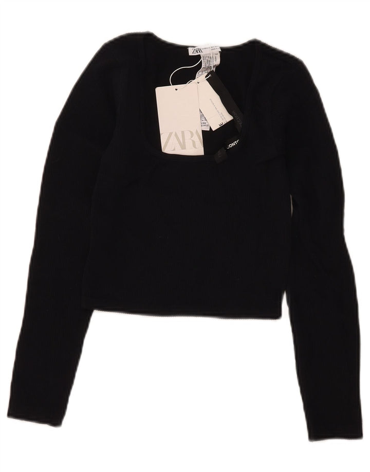 Zara Crop Top Feminino Manga Longa UK 4 XS Preto Poliamida