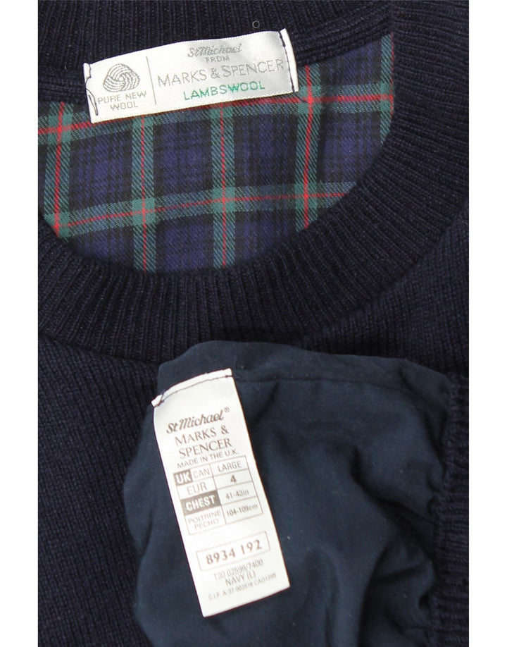 Suéter masculino Marks & Spencer com gola redonda, grande, azul marinho, lã nova