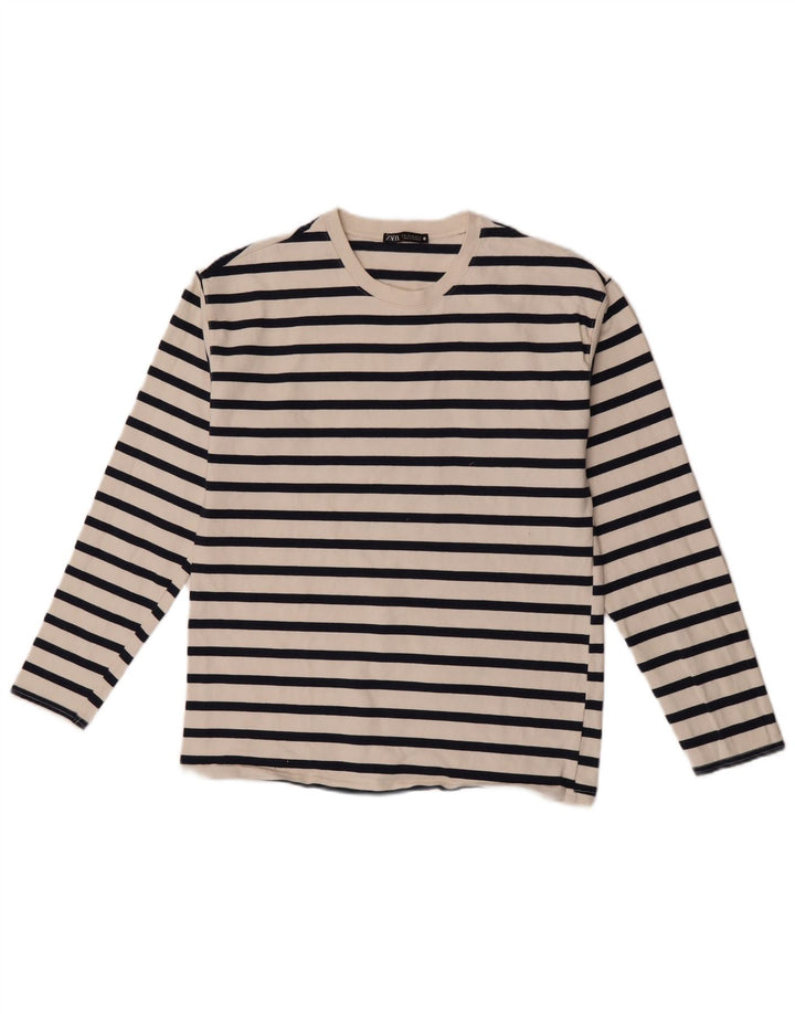 Top feminino Zara de manga comprida UK 12 listrado branco médio