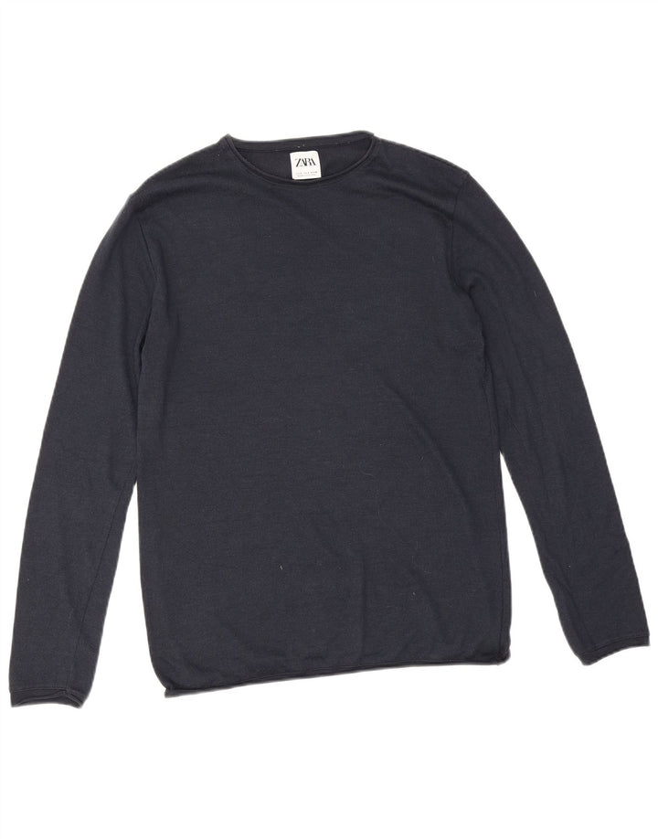 Zara Suéter masculino com gola redonda pequeno algodão azul marinho