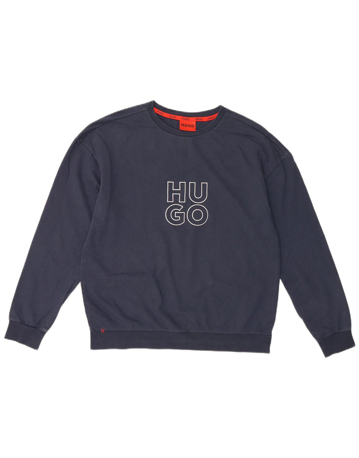 Hugo Boss moletom gráfico masculino jumper médio algodão azul marinho