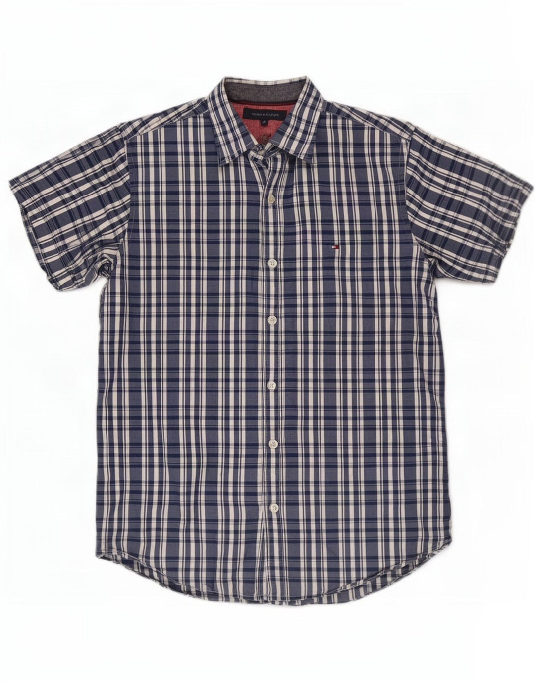 Camisa masculina de manga curta Tommy Hilfiger, algodão xadrez médio azul marinho