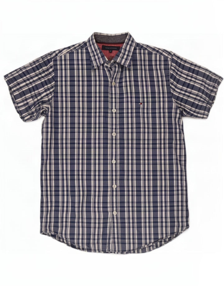 Camisa masculina de manga curta Tommy Hilfiger, algodão xadrez médio azul marinho