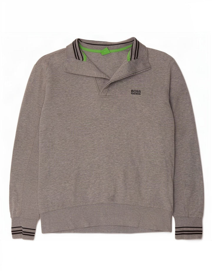 Hugo Boss moletom masculino com zíper e gola alta, pequeno algodão manchado cinza