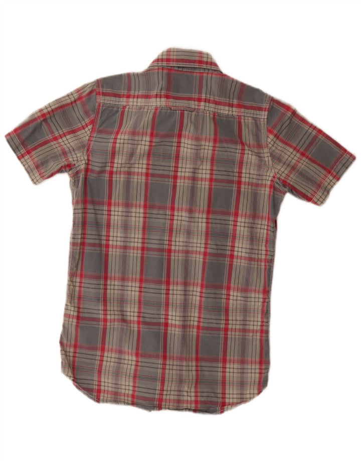 Camisa masculina Superdry de manga curta pequena cinza xadrez algodão
