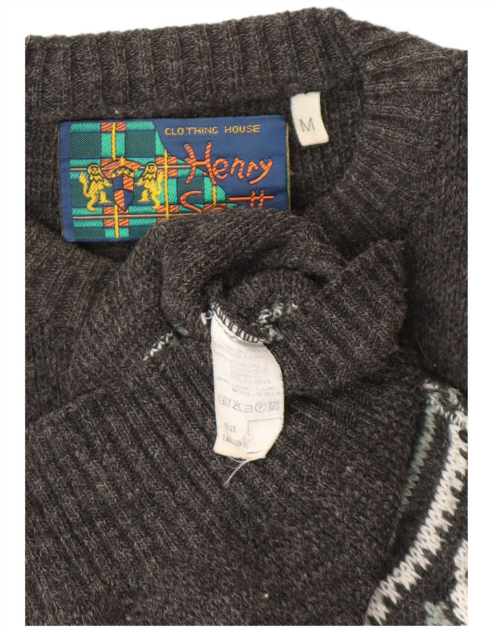 Suéter masculino Henry Scott com gola redonda, cinza médio, acrílico Fair Isle