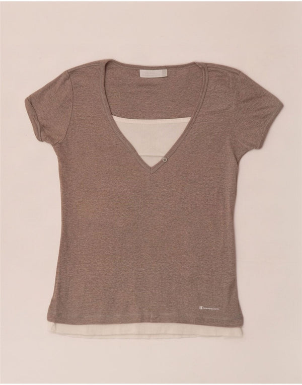 Camiseta feminina Champion UK 14 grande bloco colorido cinza