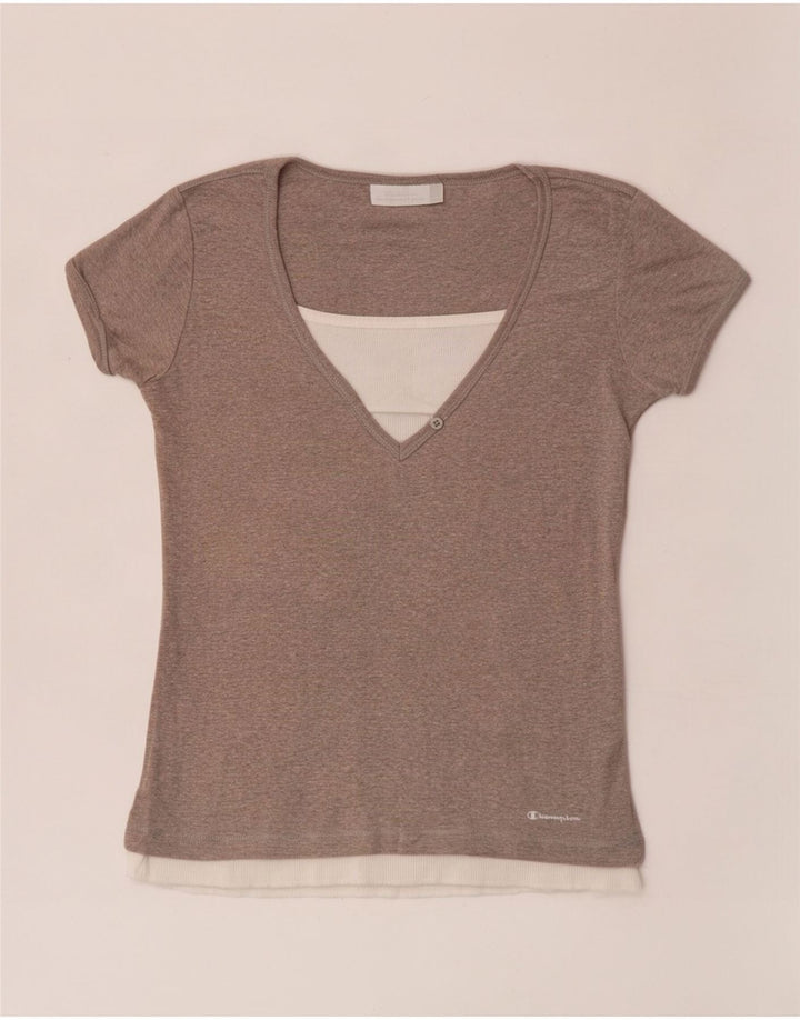 Camiseta feminina Champion UK 14 grande bloco colorido cinza