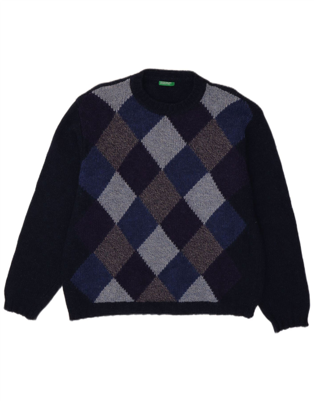 Suéter masculino Benetton com gola redonda grande azul marinho Argyle/Diamante