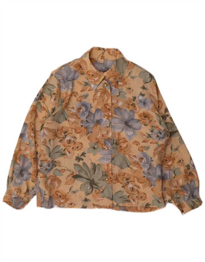 Blusa feminina VINTAGE Reino Unido 14 poliéster floral marrom médio
