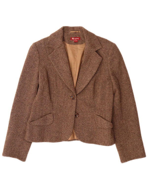 Jaqueta blazer feminina Monsoon com 2 botões Reino Unido 12 lã espinha de peixe marrom médio