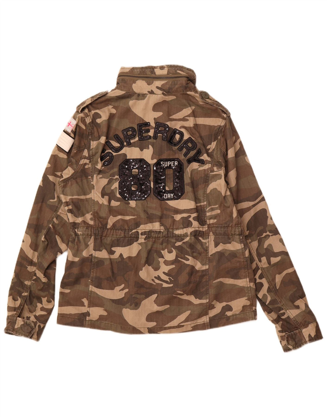 Jaqueta militar gráfica feminina SUPERDRY Reino Unido 16 grande camuflagem verde