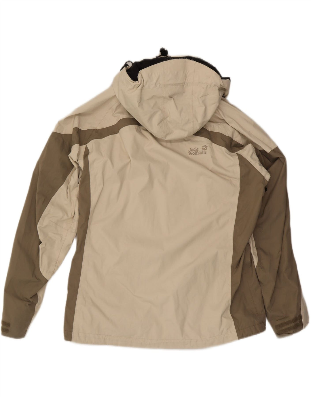 Jaqueta de chuva feminina com capuz JACK WOLFSKIN Reino Unido 16 grande bloco colorido bege