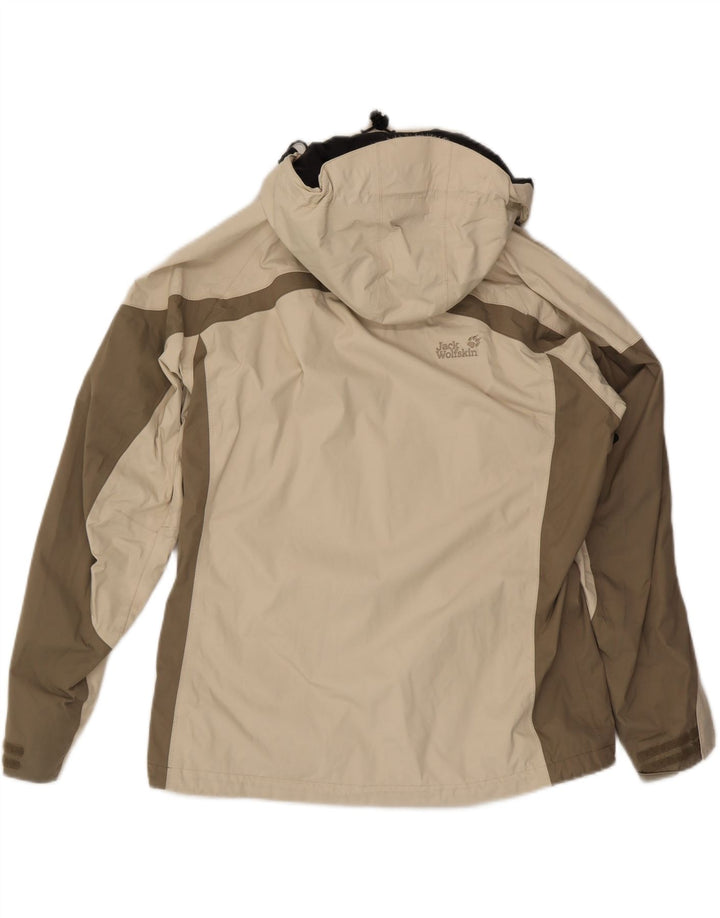 Jaqueta de chuva feminina com capuz JACK WOLFSKIN Reino Unido 16 grande bloco colorido bege
