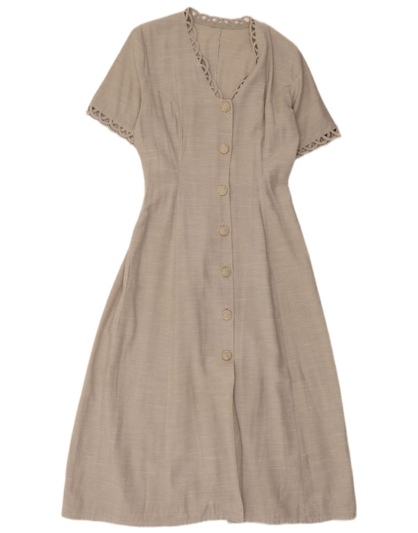 Vintage feminino manga curta maxi vestido UK 12 cinza médio