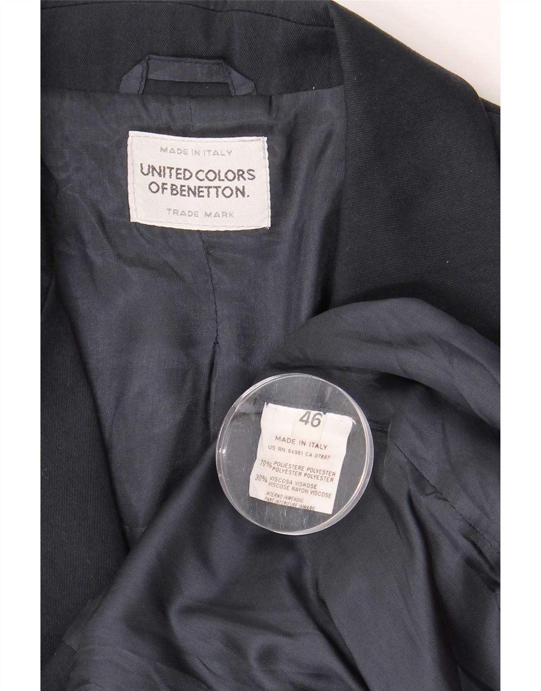 Jaqueta blazer feminina de 2 botões BENETTON IT 46 grande poliéster azul marinho