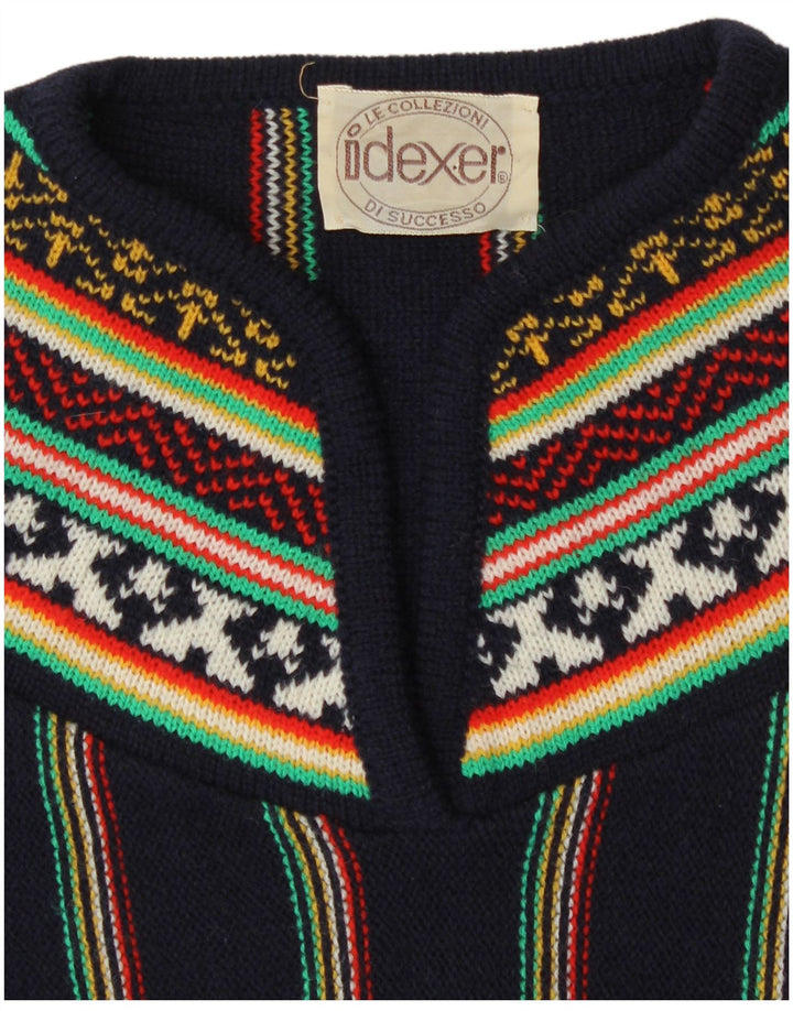 Suéter feminino vintage com decote em V Reino Unido 12 médio azul marinho listrado retrô