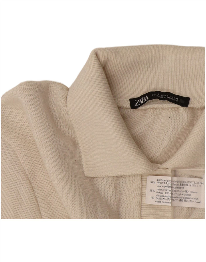 Camisa polo feminina de manga comprida Zara Reino Unido 14 grande poliéster branco