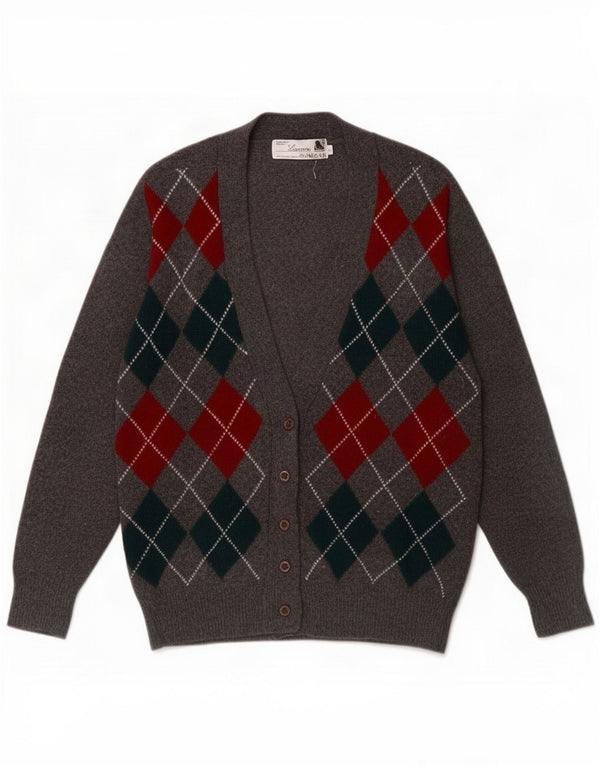 Suéter cardigã feminino grande vintage UK 10 pequeno cinza Argyle/Diamante