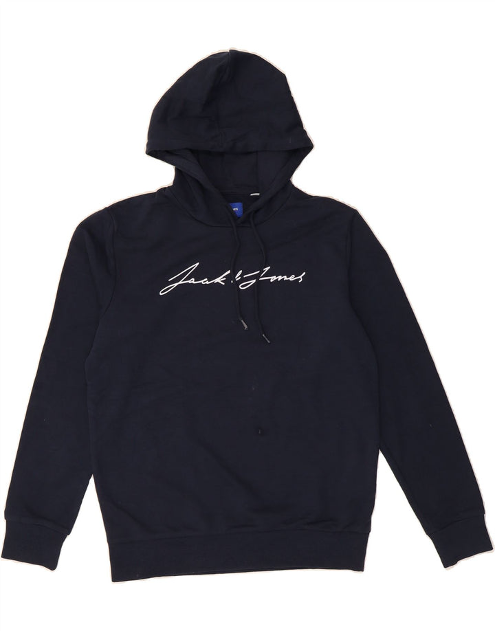 JACK & JONES Mens Graphic Hoodie Jumper Medium Navy Blue Cotton Vintage Jack & Jones and Second-Hand Jack & Jones from Messina Hembry 