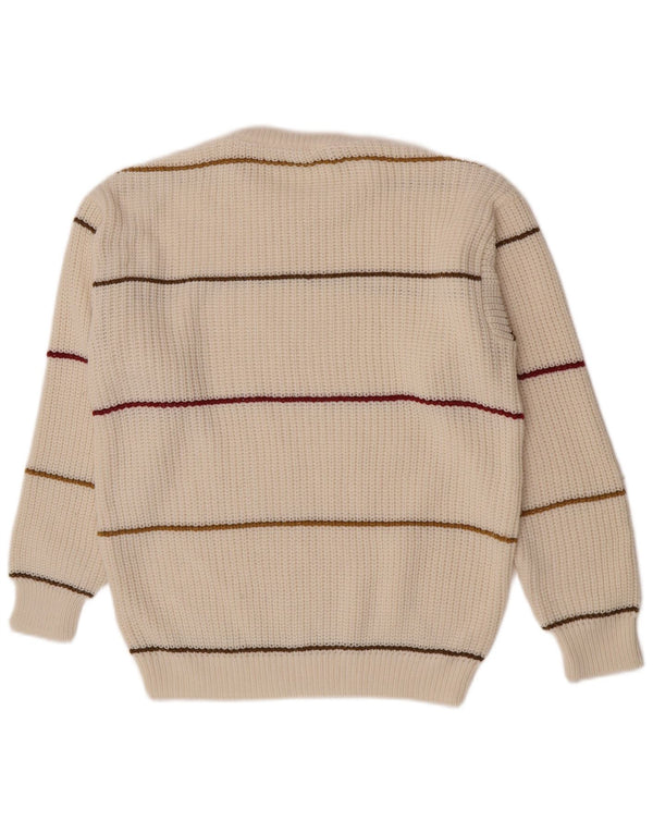 Suéter vintage masculino com gola redonda, meio acrílico listrado branco