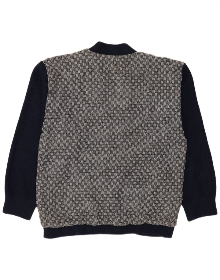 Suéter cardigã masculino vintage médio azul marinho geométrico