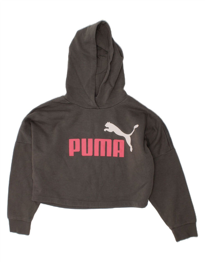 PUMA Girls Oversized Crop Graphic Hoodie Jumper 9-10 Years Grey Cotton Vintage Puma and Second-Hand Puma from Messina Hembry 